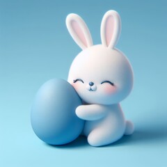 Cute fluffy white Easter bunny hugs a blue egg on a pastel blue background. Easter holiday concept in minimalism style. Fashion monochromatic   composition. Copy space for design.