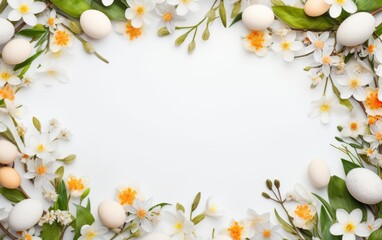 Naklejka na ściany i meble Easter eggs in the nests and spring flower background with Copy Space