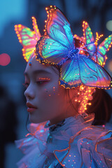 portrait of a woman with neon butterflies