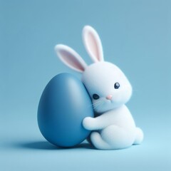 Naklejka na ściany i meble Cute fluffy white Easter bunny hugs a blue egg on a pastel blue background. Easter holiday concept in minimalism style. Fashion monochromatic composition. Copy space for design.