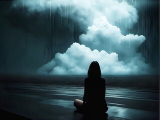 silhouette of an anxiety woman sitting alone in the pouring rain - obrazy, fototapety, plakaty