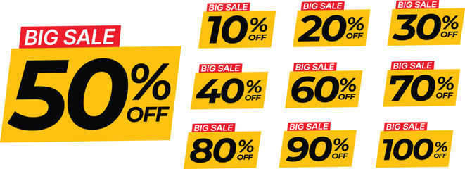 Trendy big sale yellow label different clearance value set. 10, 20, 30, 40, 50, 60, 70, 80, 90, 100 percent price cut out badge vector illustration isolated on white background, Discount price tags.