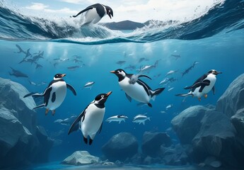 Obraz premium A couple of penguins swimming in the ocean with