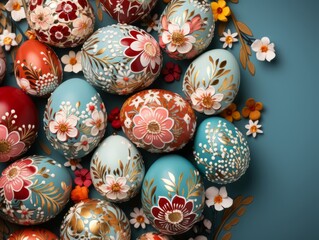 Fototapeta na wymiar Easter eggs in the nests and spring flower background with Copy Space