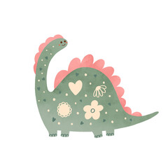 Green cute watercolor dinosaur illustration isolated on white background. Hand drawn kids animal illustration. Romantic poster for Valentines day, birthday greeting card, baby shower design.