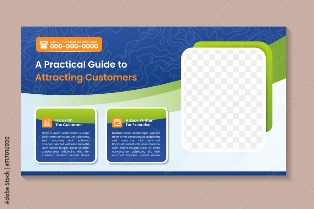 Poster abstact design template for a personal guide to attracting customers. horizontal layout flyer with space for photo. custom line pattern contour topography map in transparency white. blue and green