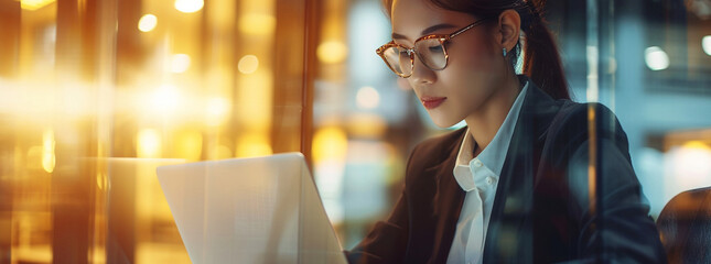 Focused professional at work, her silhouette framed by the soft glow of evening city lights