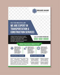 abstact flyer design template for transportation and construction services. vertical layout flyer with space for photo. combination blue, black and green element in white backround. editable printing 