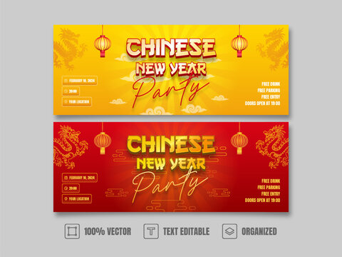 Chinese New Year Party Banner Design with Text Effect and Red Yellow Gradient Background.