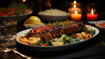 Close up photo of served table thanksgiving dinner