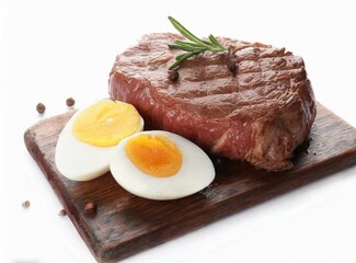 Fototapeta premium Beef steak and eggs isolated on white background