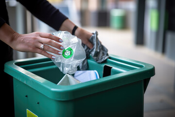 Responsible Female Hand Recycling Plastic in Green Bin