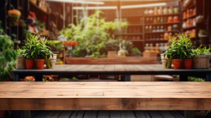 empty wooden table with grocery store background. Table for displaying products. Market banner