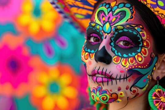 A Portrait of a Woman with Colorful Dia de los Muertos Makeup
