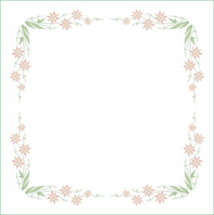 Fototapeta na wymiar Green floral frame with leaves and pink flowers, decorative corners for greeting cards, banners, business cards, invitations, menus. Isolated vector illustration. 