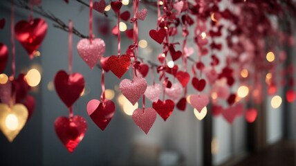 Paper heart-shaped decorations in shades of red