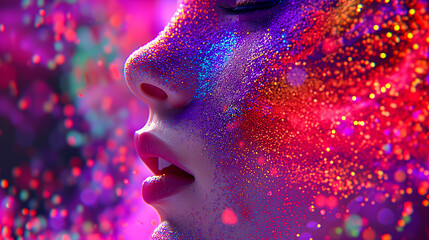 Close up, woman's face with a artistic colorful make-up. Beauty, Fashion, Cosmetics. Eye shadows, glitter, gradient, neon. Pride Festival, Carnival, Party, Fun. Diversity, Equality, Human Rights