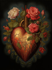 Flaming Heart Amidst Roses - Baroque Inspired Artwork