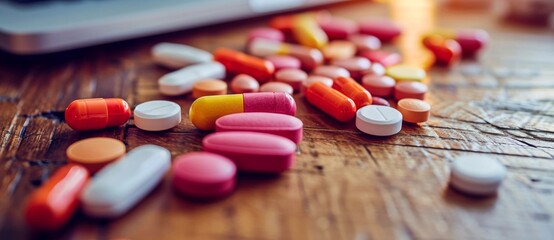 A colorful array of pharmaceutical drugs, from analgesics to nutraceuticals, lay scattered on the table like a tempting bowl of candy in a pharmacy, highlighting the growing dependence on prescriptio - obrazy, fototapety, plakaty
