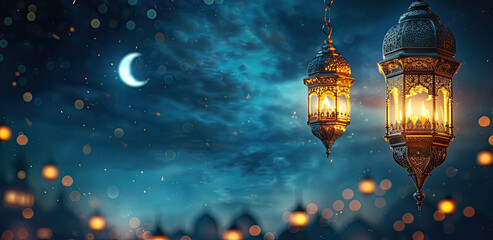 Ramadan Kareem background. Ornamental Arabic lantern with burning candle glowing . Festive greeting card, invitation for Muslim holy month Ramadan Kareem. - obrazy, fototapety, plakaty