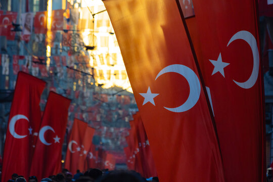 Turkish flags in Istiklal Avenue. National holidays of Turkiye concept photo