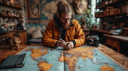 A travel blogger strategizing their day on a map. AI generate illustration - obrazy, fototapety, plakaty