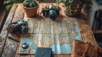 Fototapeta na wymiar A travel blogger strategizing their day on a map. AI generate illustration