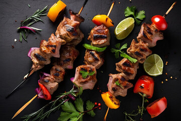 Sizzling Delight. Top-view of mouthwatering grilled meat skewers, shish kebab on a black background. A delectable feast for your senses.