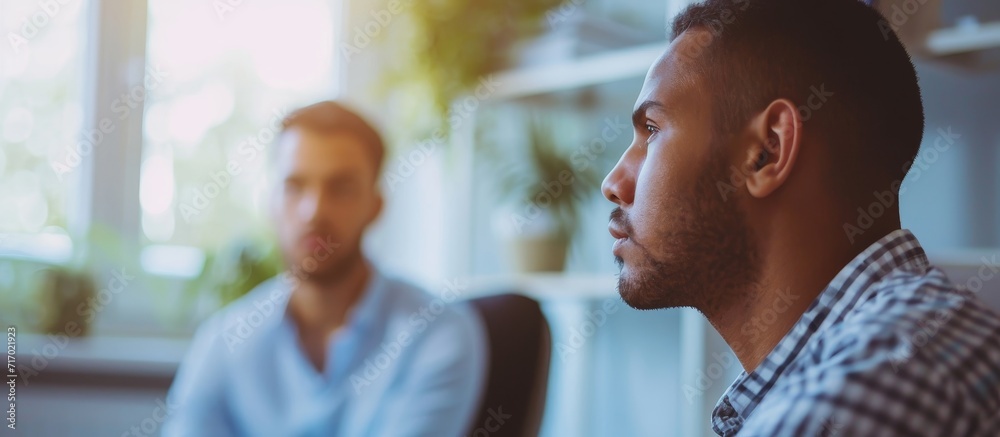 Wall mural Closeup of psychotherapist assisting young man in office setting.