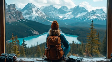Young freelance traveler enjoying mountain view while working on laptop. AI generate illustration