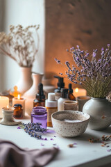 Spa products, soaps, salts and lit candle with lavender flowers