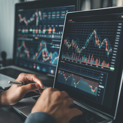 Finance trade manager analyzing stock market indicators for best investment strategy, financial data and charts