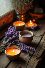 Obraz na płótnie Canvas Spa, purple salts and lit candle with lilac flowers