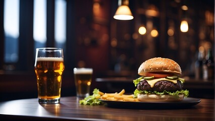 still life starring a juicy burger and frosty beer on a rustic table.  Sunlight bathes the scene in golden warmth, making every bite look irresistible. Perfect for food ads, menus, or just making mout - obrazy, fototapety, plakaty