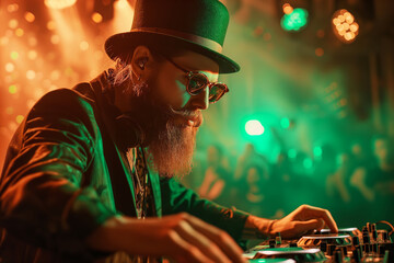 Bearded DJ wears a leprechaun costume and working spinning turntable records at Saint Patrick's Day party - obrazy, fototapety, plakaty