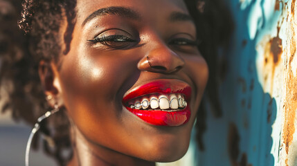 Smiling African woman with bright red lipstick and dental grillz against sunny wall - obrazy, fototapety, plakaty