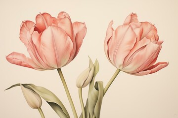 pair of floral tulips on neutral backdrop. Generative AI