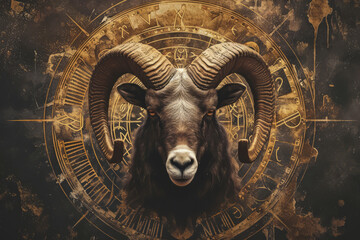 Aries zodiac sign against horoscope wheel. Astrology calendar. Esoteric horoscope and fortune telling concept. - obrazy, fototapety, plakaty