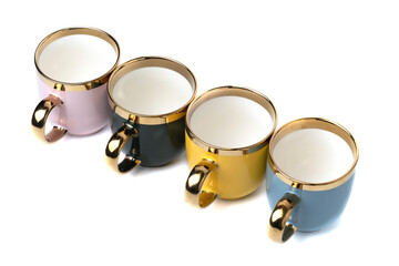 set of multicolored mugs isolated on white background