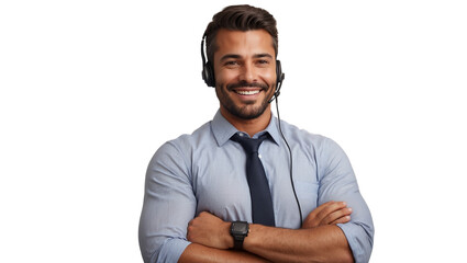 Portrait of a happy call center man arms crossed isolated on a transparent background for consulting. Smile, customer support or service career with a young employee on PNG for telemarketing - obrazy, fototapety, plakaty