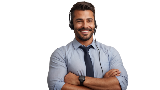 Portrait of a happy call center man arms crossed isolated on a transparent background for consulting. Smile, customer support or service career with a young employee on PNG for telemarketing