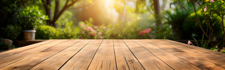 Sunlit garden wooden deck, lush greenery, spring summer backdrop, copy space.
