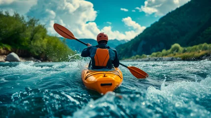 Fototapeten Adventurous kayaker navigating rapid river currents  © henjon