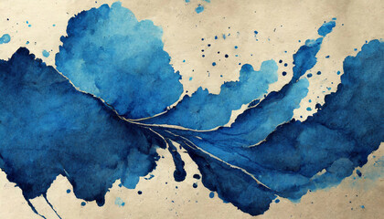 Blue ink stain on old textured paper background. 