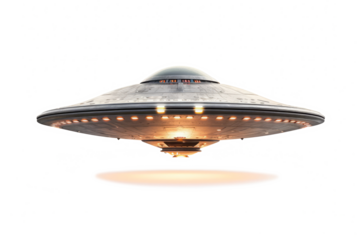 UFO, alien spaceship isolated on transparent background, Close up of flying saucer, Alien abduction concept