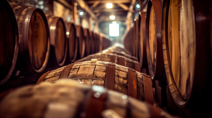 Vintage oak barrels in cellar, aging wine or whiskey in storeroom
 - obrazy, fototapety, plakaty
