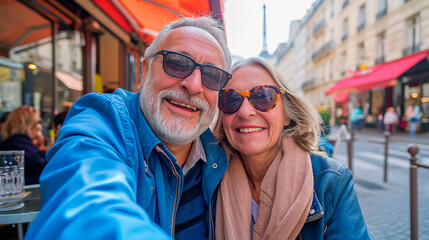 Mature couple selfie enjoying retirement travel in Paris
