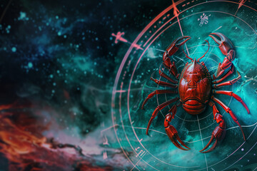 Cancer zodiac sign against horoscope wheel. Astrology calendar. Esoteric horoscope and fortune telling concept.