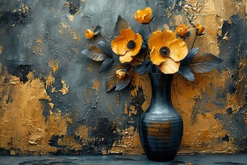 contemporary gold painting of modern conceptual figurative vase of flower. The texture of the...