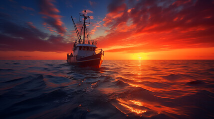 A serene sunset at sea with a solitary fishing boat and seagulls under the vibrant orange sky